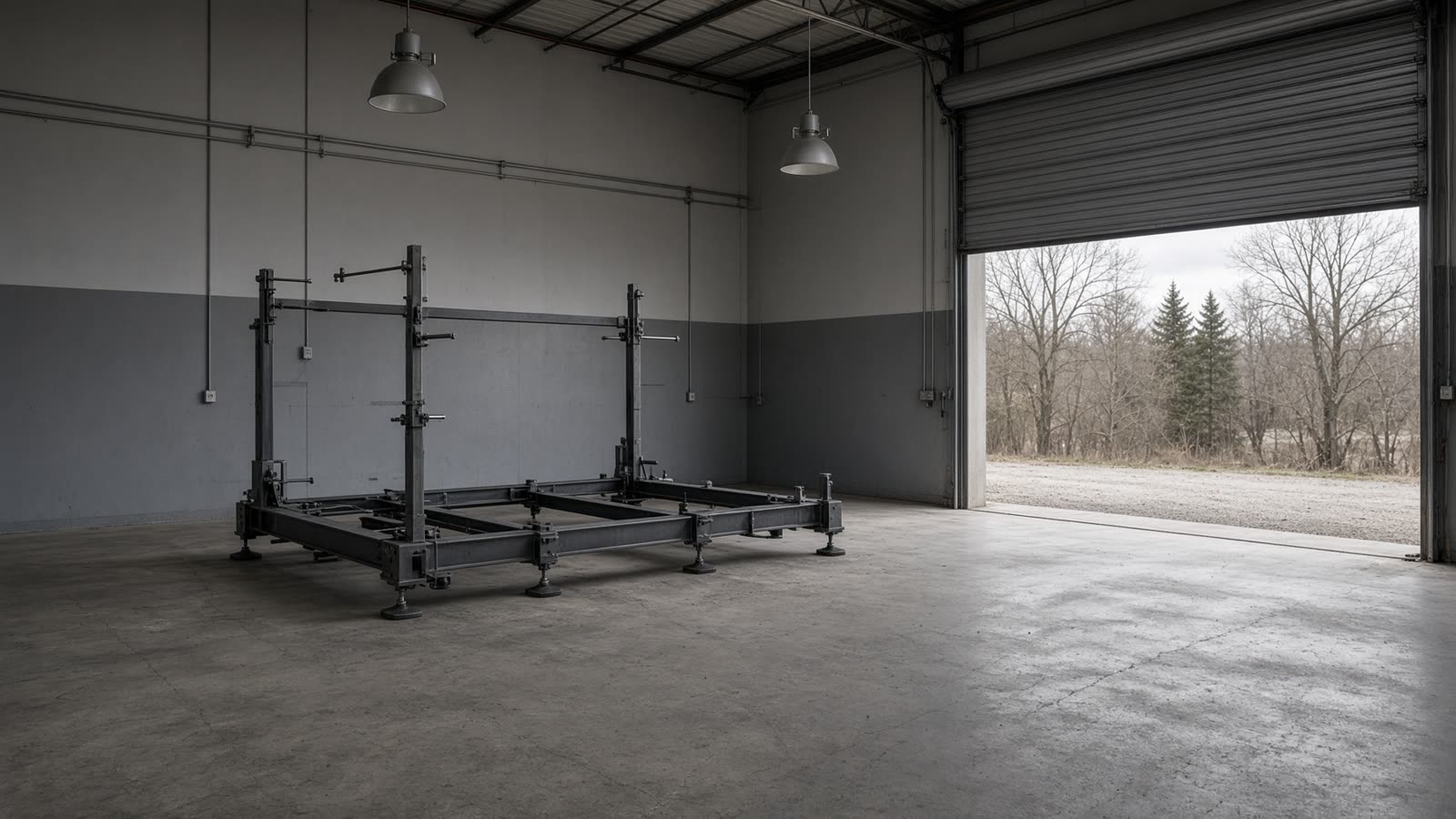Empty frame rack in the Twin Rail collision bay